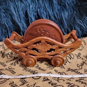 Vintage mid 20th century handcarved walnut wood coasters /caddy